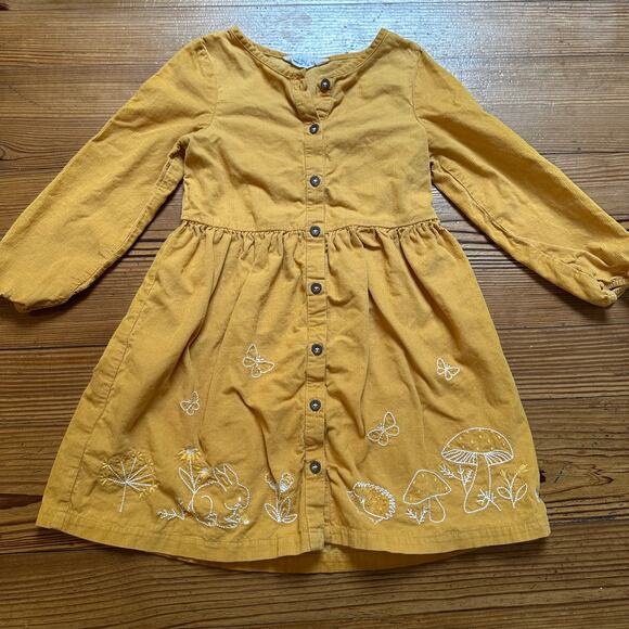 Beebay yellow corduroy long sleeve woodland embroidered button up dress SIZE 6 - Picture 1 of 4